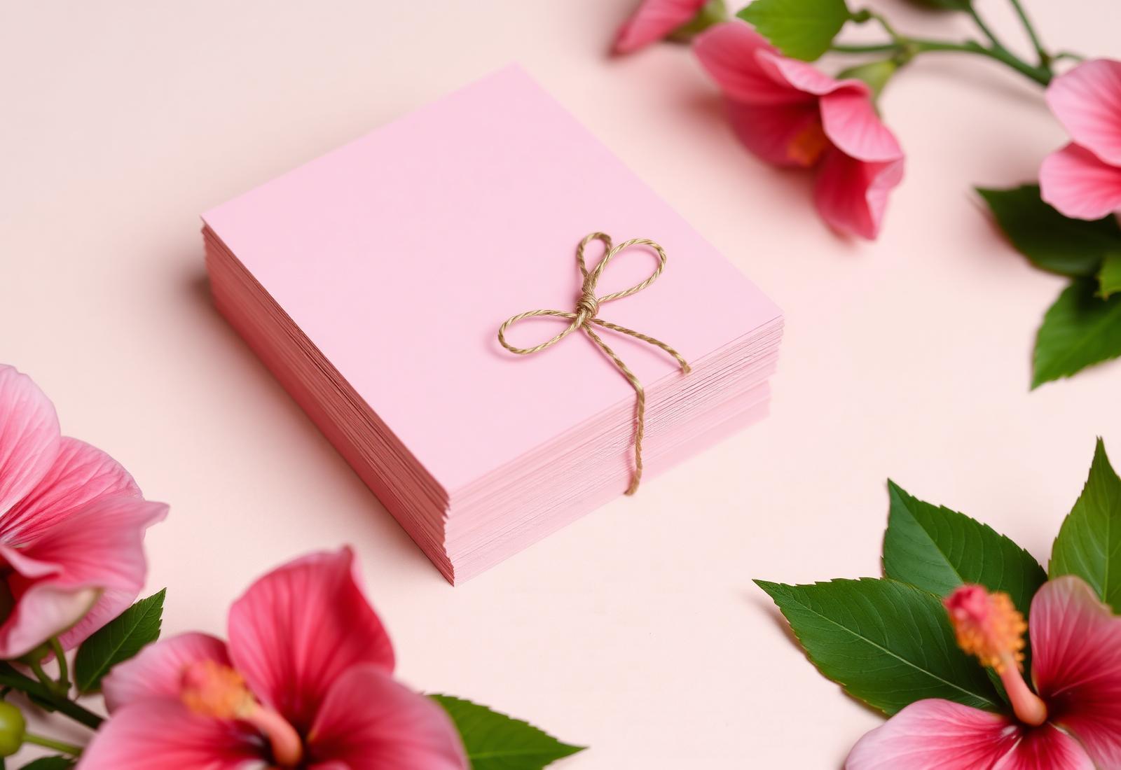 Stack of pink handmade notepads tied with twine surrounded by hibiscus blooms
